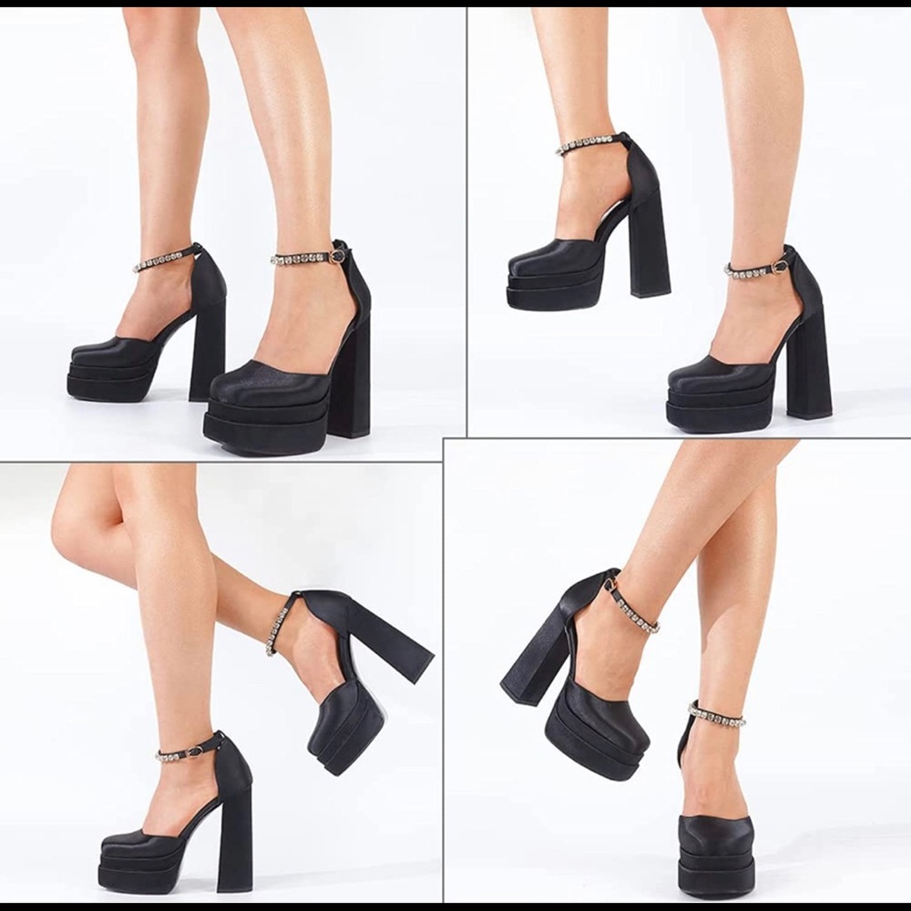 Platform Pumps Ankle Strap Block High Heeled Silk Satin
